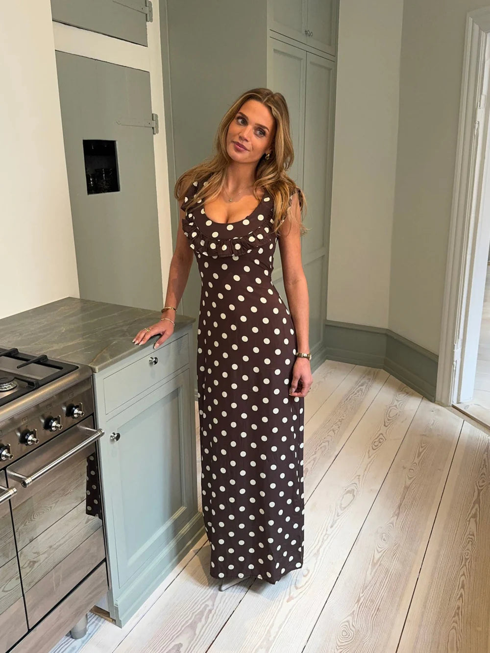 brown and yellow polka dot dress Luna Brown/Yellow Maxi Hire | Races Outfit Rental Romantic Black Strapless Sleeveless colourway-denver Matrix Item Size:L One Size Truly Fits