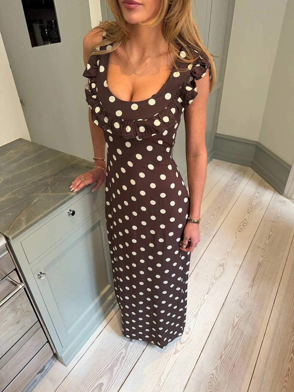 Luna Dress with Polka Dots – Brown/Yellow